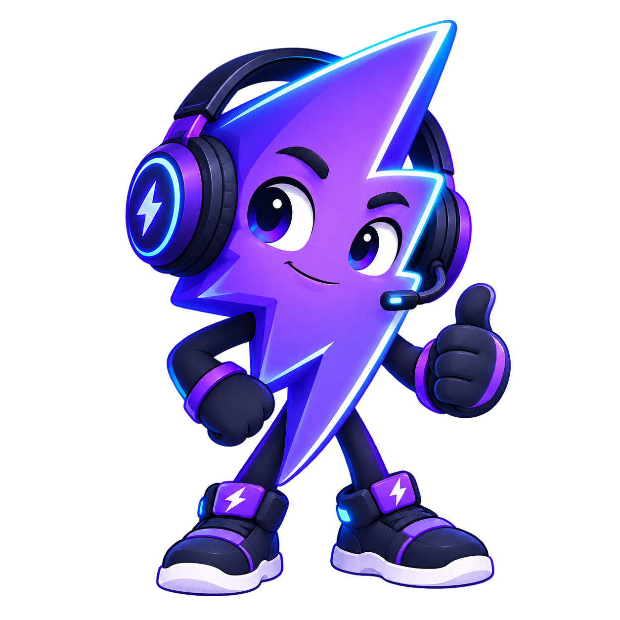 Thunderop’s purple lightning mascot wearing headphones and giving a thumbs up