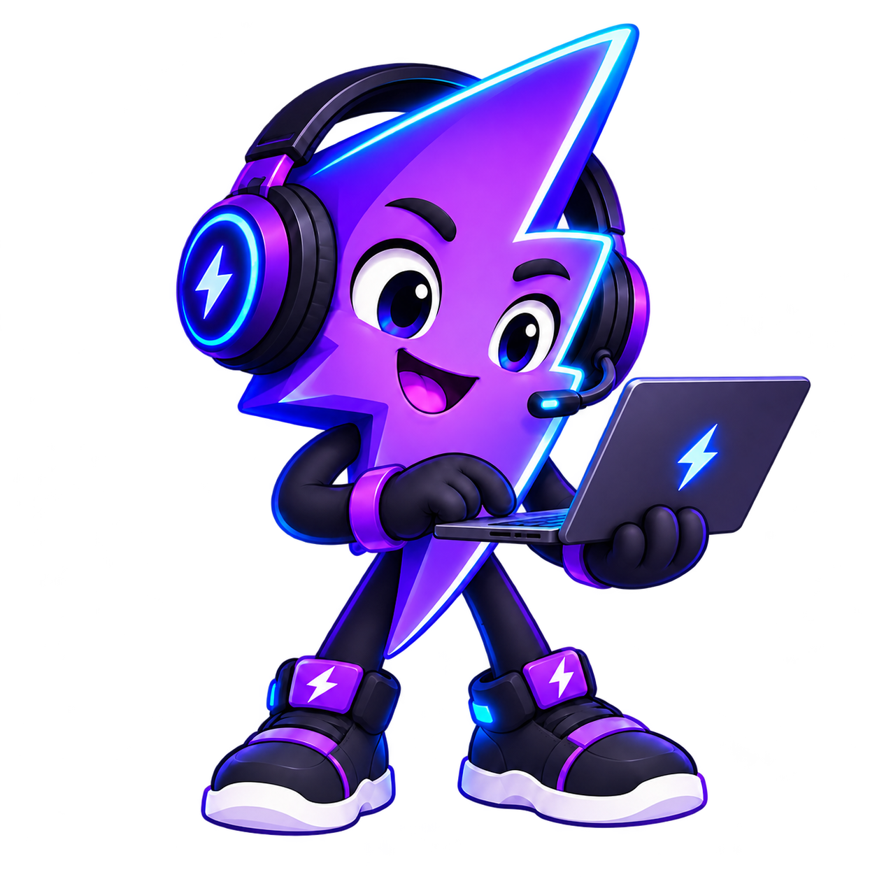 Thunderop’s lightning mascot holding a laptop